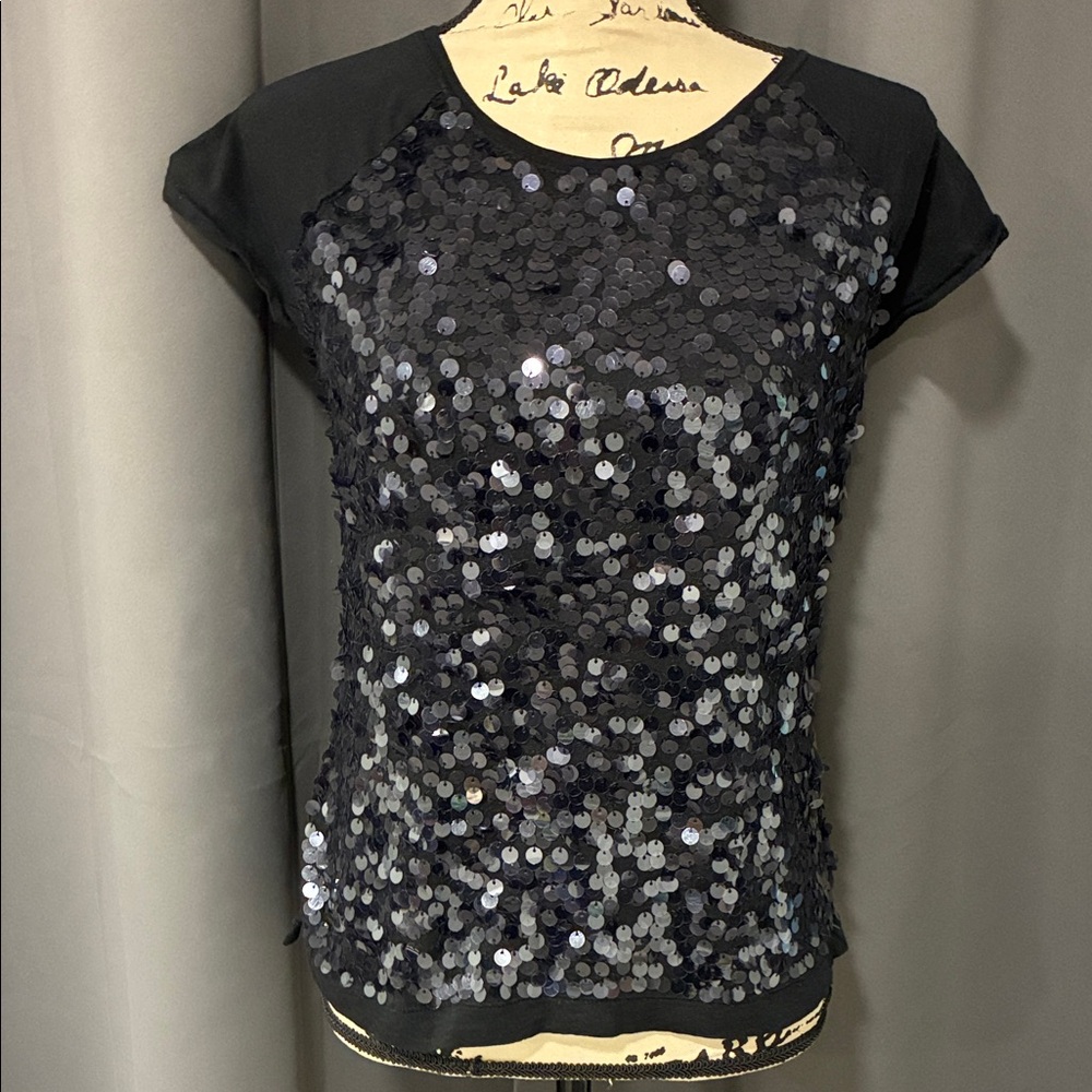 LOFT Black Sequin Short Sleeve Top